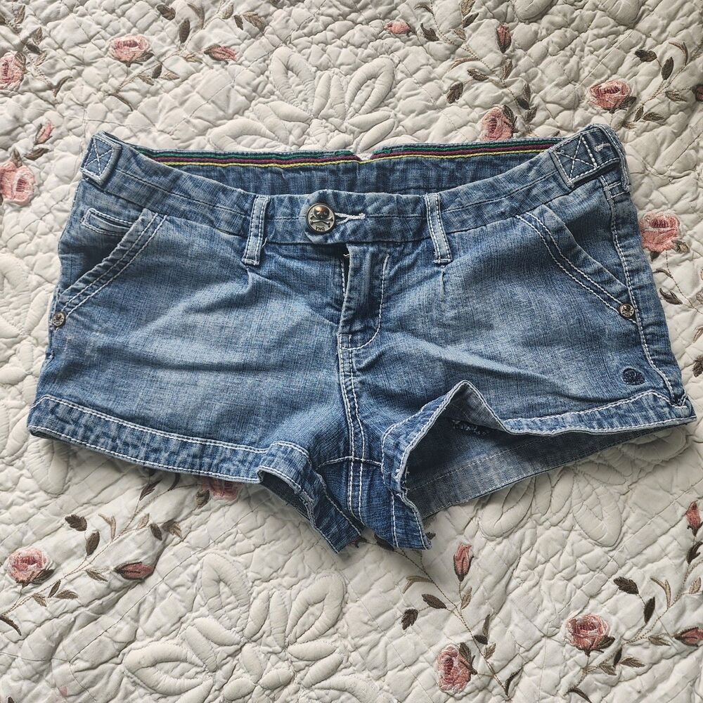 Vintage Y2K YNQ Denim Low Rise Micro Shorts Womens Size 5 Skull Button